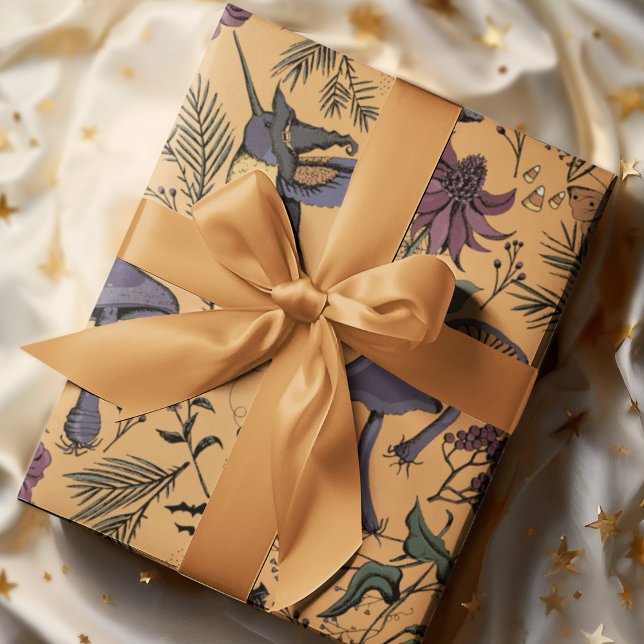 Papier Cadeau Jardin des colibris Éffrayant Ochre (Hand-drawn Illustration in Black Ink. Spooky and Enchanted Hummingbird Garden with Halloween Details)
