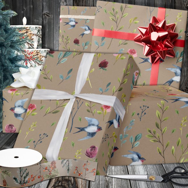 Papier Cadeau Jardin d'hiver Rustique Kraft Purple Martins Birds (Rustic Kraft Purple Martins Birds Winter Garden Wrapping in 6 and 15 foot long 30 Inch Width Rolls
)