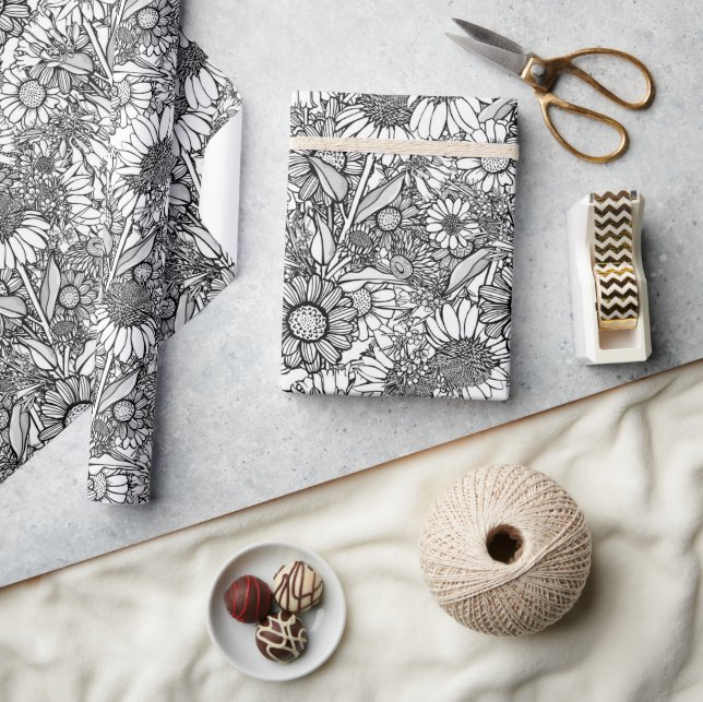 Papier Cadeau Jardin Fleur sauvage australien noir et blanc (Artisanat)