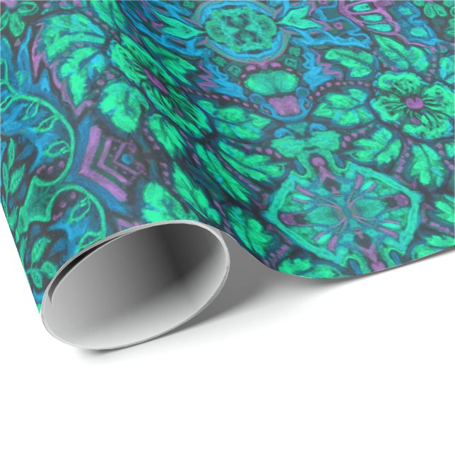 Papier Cadeau Jardin Fleurs magiques Bohème Arabesque Mint Green (Coin rond)