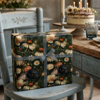 Papier Cadeau Jardin Floral de Fleurs Sauvages Vintage Sombres