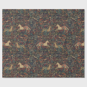 Papier Cadeau Jardin Floral de Licorne Médiévale de Minuit
