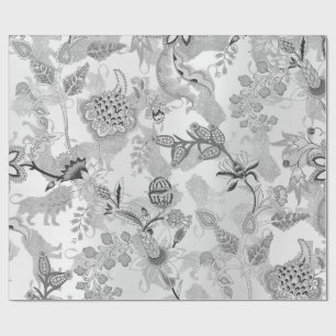 Papier Cadeau Jardin magique Lions Floral Argent Gris Lux Orient