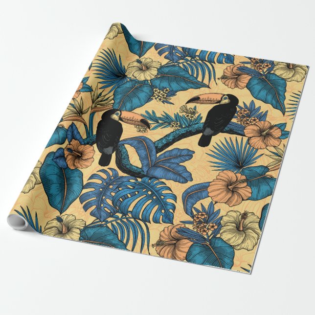 Papier Cadeau Jardin toucan en jaune et bleu (Déroulé)