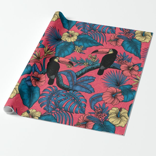Papier Cadeau Jardin toucan en rouge et bleu (Déroulé)