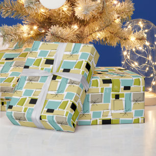 Papier Cadeau Jaune Aqua Bleu Carrés Starburst milieu du siècle