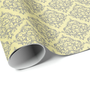Papier Cadeau Jaune avec le motif gris de damassé