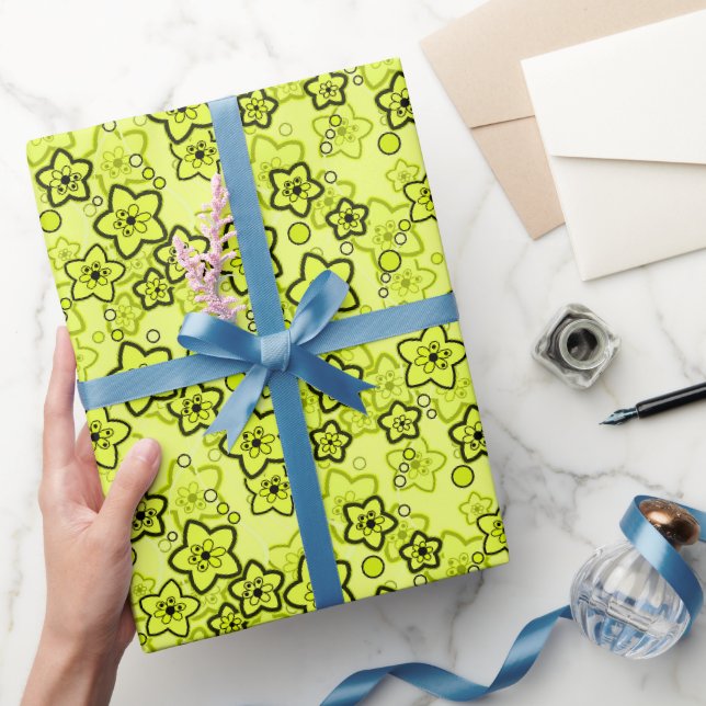 Papier Cadeau Jaune avec motif floral néon brillant noir (Cadeaux)