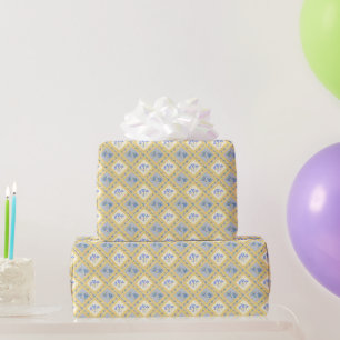 Papier Cadeau Jaune Beurre Bleu Floral Élégant Vintage Campagne