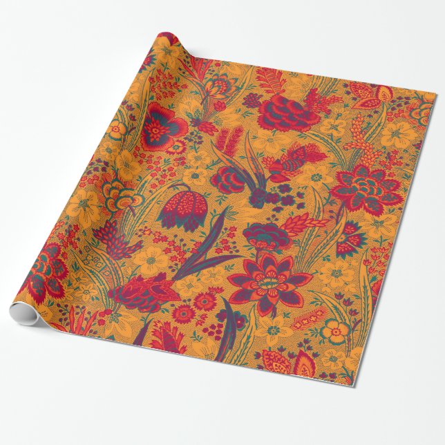 PAPIER CADEAU JAUNE BLEU BLEU FLEURS SAUVAGE TULIPS, FLORAL FEUI (Déroulé)