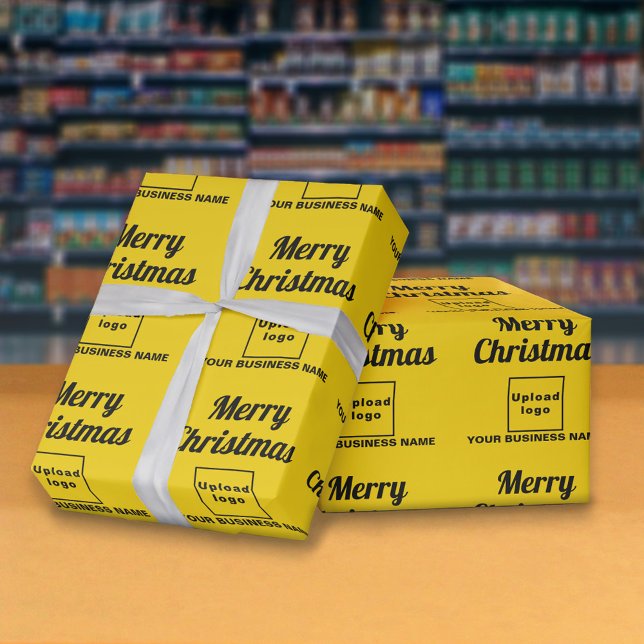 Papier Cadeau Jaune | Business | Papier d'enveloppement de Noël (Business name and logo with Merry Christmas greeting on yellow wrapping paper)