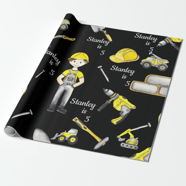 Papier Cadeau Jaune Cute Construction Camion Motif de vidage (Déroulé)
