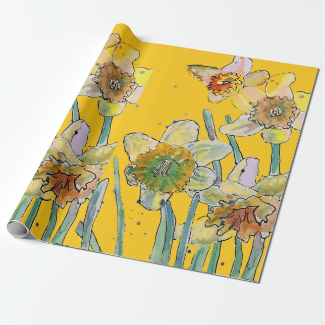 Papier Cadeau Jaune Daffodil Fleurs de printemps Aquarelle (Déroulé)