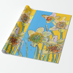 Papier Cadeau Jaune Daffodile Bleu Fleurs de printemps Aquarelle