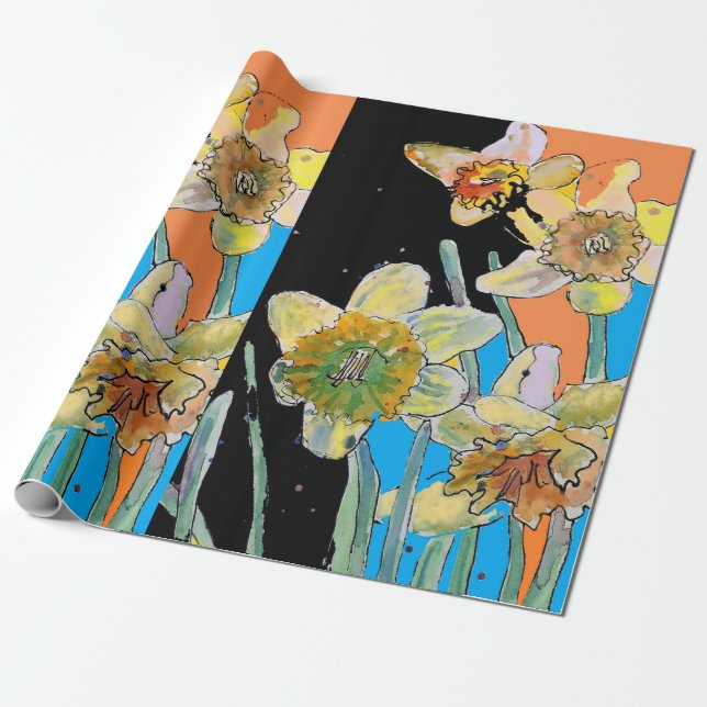 Papier Cadeau Jaune Daffodile Bleu Fleurs de printemps Art Aquar (Déroulé)