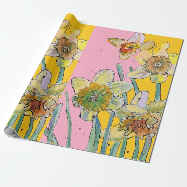 Papier Cadeau Jaune Daffodique rose Fleurs de printemps Aquarell (Déroulé)