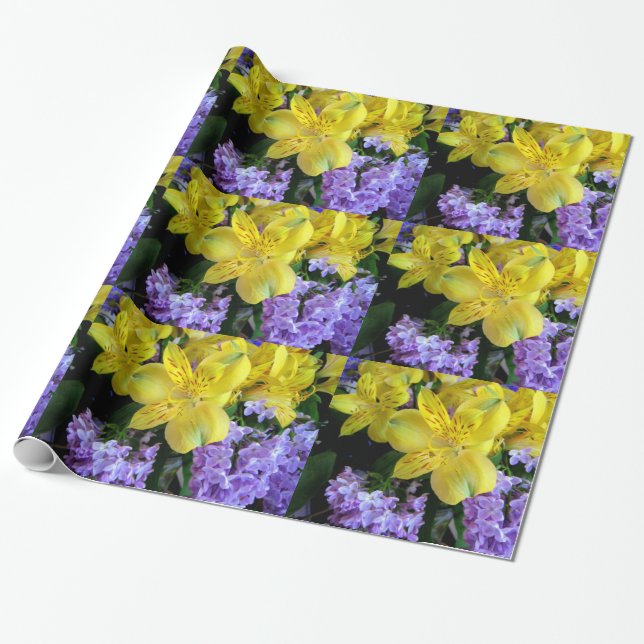 Papier Cadeau Jaune et Fleurs Lilac Violettes (Déroulé)