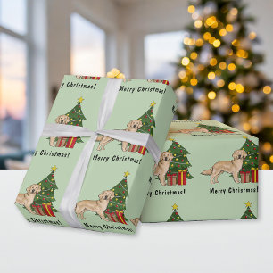 Papier Cadeau Jaune Golden Retriever Chien Et Arbre De Noël