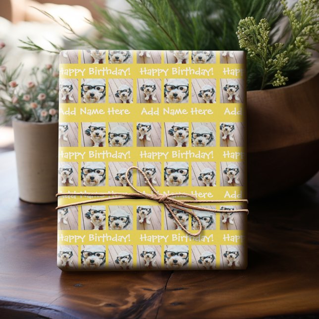 Papier Cadeau Jaune Joyeux Anniversaire Nom 6 Carré Photo Collag (Personalized Birthday Photo Wrapping Paper)
