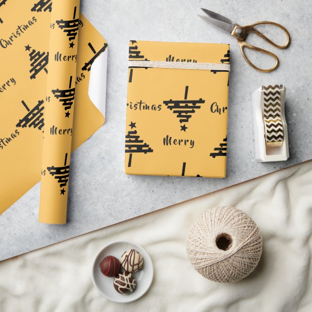 Papier Cadeau Jaune moderne Noir Noël Arbre Motif Fête (Artisanat)