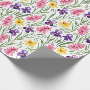 Papier Cadeau Jaune Narcisse, Violet Iris, Rose Hyacinthe Floral