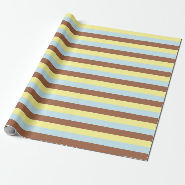 Papier Cadeau Jaune pâle, bleu pastel et rayures Brown (Déroulé)