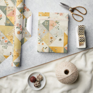 Papier Cadeau Jaune pastel pêche quilt Gingham pois