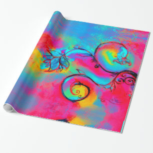 Papier Cadeau JAUNE ROSE BLEUE FLEURS BLANCHES Imaginaire Floral