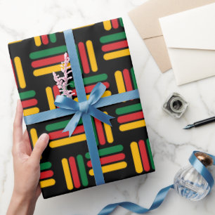 Papier Cadeau Jaune, Rouge Et Vert Bande Noir Motif Historique