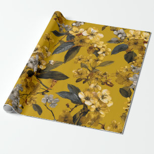 Papier Cadeau Jaune Rustique Botanique Gras Vintage Boho Floral