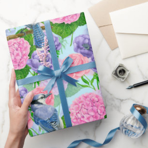 Papier Cadeau Jay bleu et fleurs aquarelle motif enveloppement p