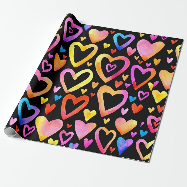 Papier Cadeau Je t'aime. Coeur d'illustration aquarelle. Valenti (Déroulé)