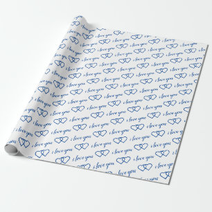 Papier Cadeau Je t'aime White Blue Heart Motif typographie