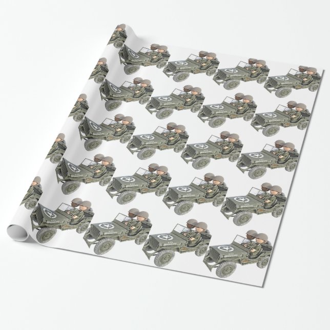 Papier Cadeau Jeep avec 2 soldats de bande dessinée (Déroulé)