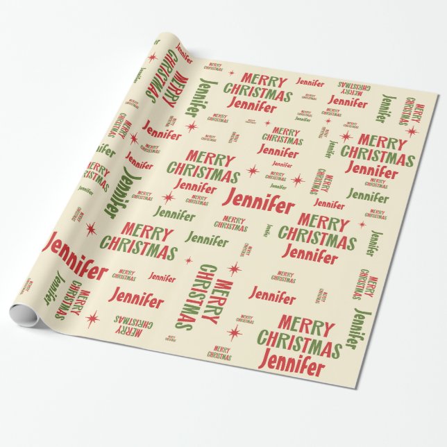 Papier Cadeau Jennifer Retro Joyeux Noël Personnalisé (Déroulé)
