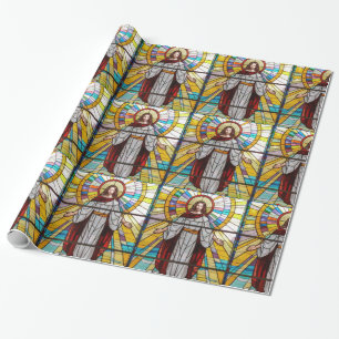 Papier Cadeau Jésus Bras Ouvert Couleur Vitrail Derrière Lui