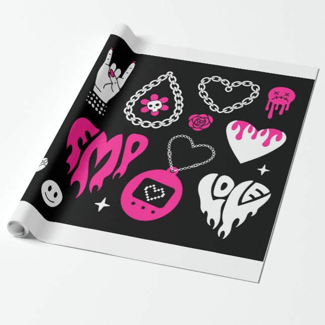Papier Cadeau Jeu d'éléments rose glamour et noir Y2k. Papillon (Déroulé)