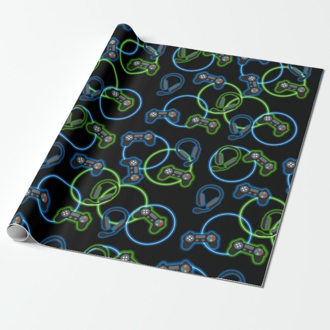 Papier Cadeau Jeu vidéo Neon Blue & Green Motif (Déroulé)