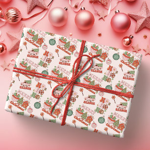 Papier Cadeau Joie des Fêtes Rose et Vert Rétro