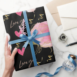 Papier Cadeau Joli Amour Moderne Vous Coeurs Floraux Noir