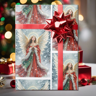 Papier Cadeau Joli ange de Noël en rouge et vert avec neige