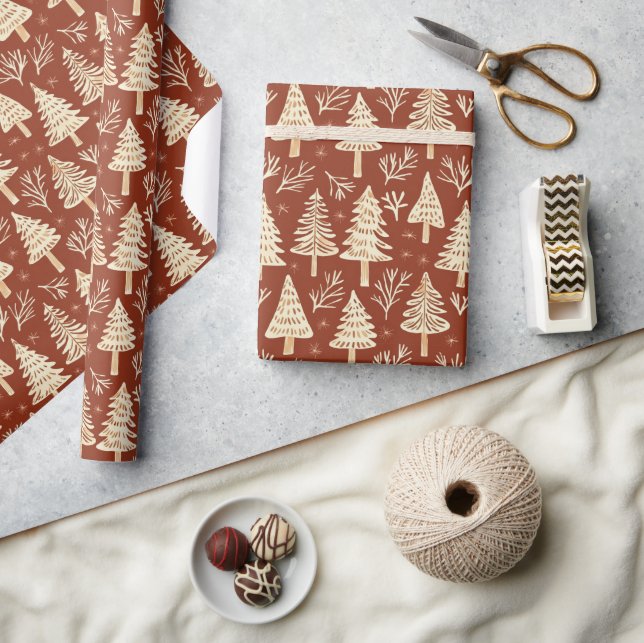 Papier Cadeau Joli arbre de Noël moderne Motif Rouge Blanc (Artisanat)
