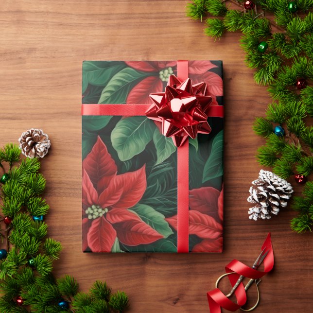 Papier Cadeau Joli Art numérique rouge et vert Poinsettias (Cadeau de vacances)