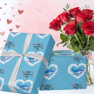 Papier Cadeau Joli avion bleu et nuages, Saint-Valentin pour enf