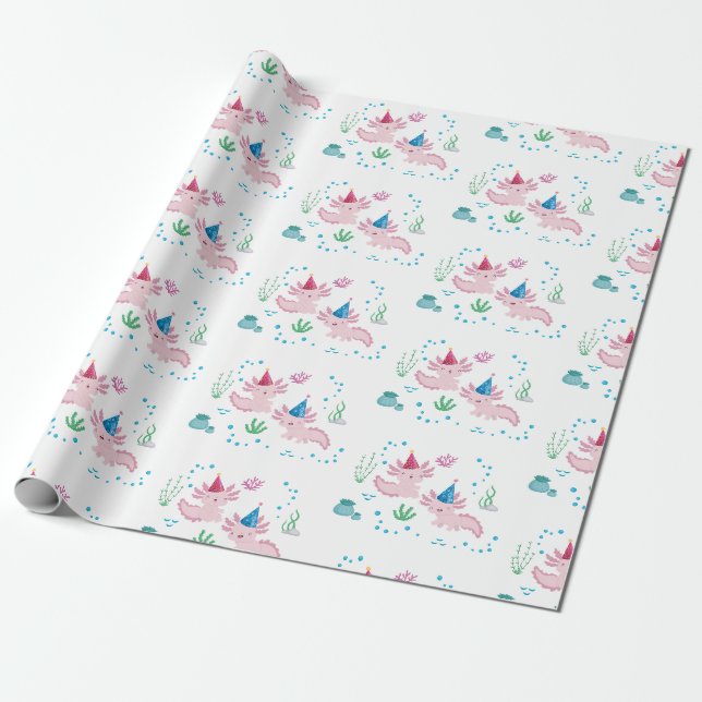 Papier Cadeau Joli Axolotl Anniversaire Blanc (Déroulé)