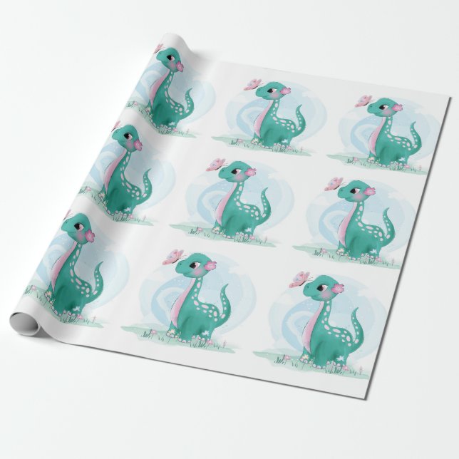 Papier Cadeau Joli Baby shower de papillon Dinosaure rose Turquo (Déroulé)