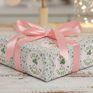 Papier Cadeau Joli bébé irlandais chanceux rose et trèfle vert