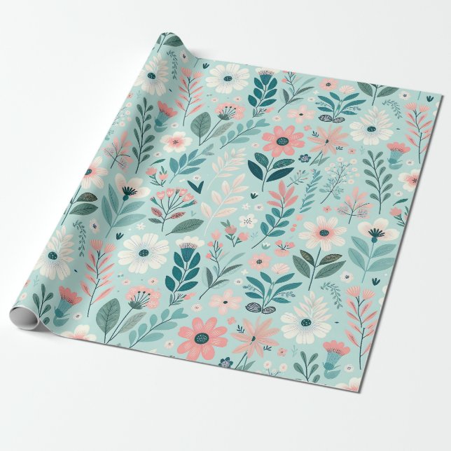 Papier Cadeau Joli bleu et rose pastel Fleurs d'Art folklorique (Déroulé)
