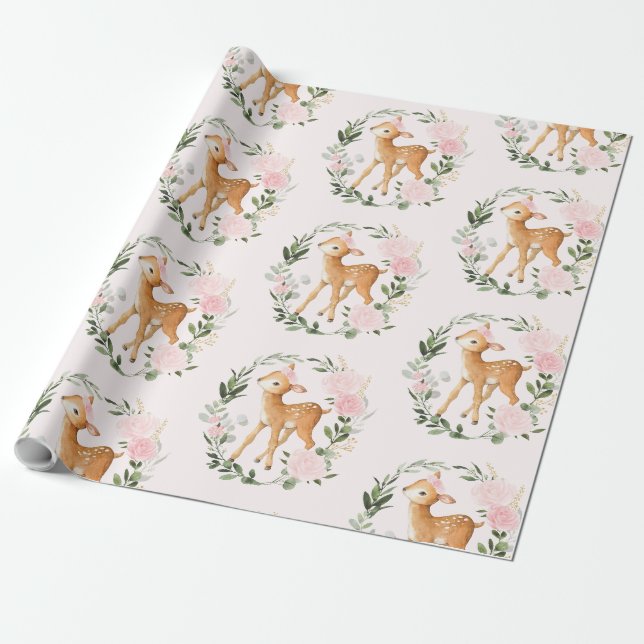 Papier Cadeau Joli Blush Floral Bois Cerf Baby Fawn (Déroulé)