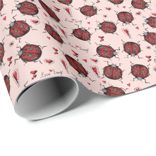Papier Cadeau Joli Blush Rose Ladybug Love Bug & Red Heart Kids